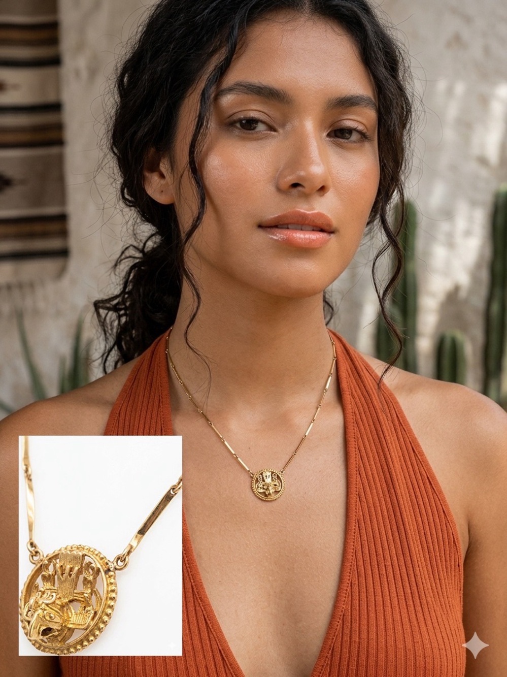 VTG 14K Gold Oaxaca Mexico Aztec Deity Necklace 16" OO-43 Maker Mark